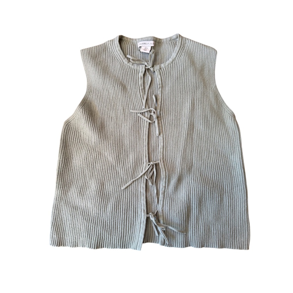 Sincerely Jules Sage Green Ribbed Knit Front Tie Sweater Vest Womens Large